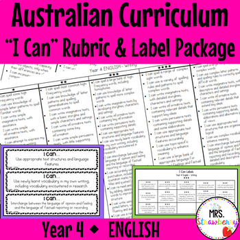Preview of Year 4 ENGLISH Australian Curriculum "I Can" Rubric and Label Package