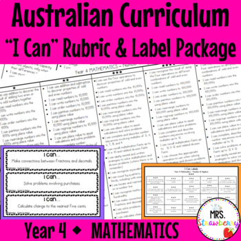 Preview of Year 4 MATHEMATICS Australian Curriculum "I Can" Rubric and Label Package