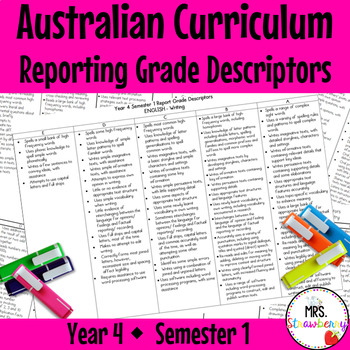 Preview of Year 4 ENGLISH AND MATHS Australian Curriculum Reporting Grade Descriptors Sem 1