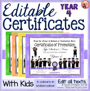 Preview of Year 4 Certificates - Editable - Watercolour Borders with Kids