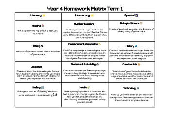 Preview of Year 4 Homework Matrix Term 1