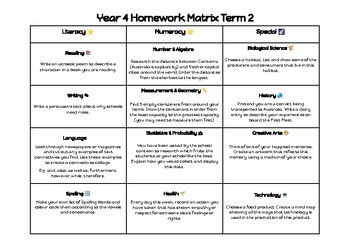 Preview of Year 4 Homework Matrix Term 2