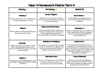 Preview of Year 4 Homework Matrix Term 4