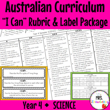 Preview of Year 4 SCIENCE Australian Curriculum "I Can" Rubric and Label Package