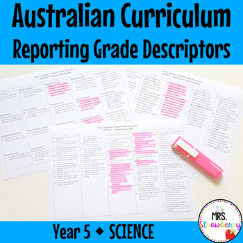 Preview of Year 5 SCIENCE Australian Curriculum Reporting Grade Descriptors