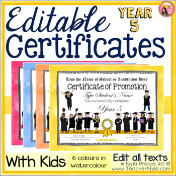 Preview of Year 5 Certificates - Editable - Watercolour Borders with Kids