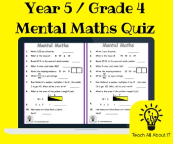 year 5 grade 4 mental maths quiz by teach all about it uk tpt