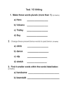 Preview of Year 5 Writing English Grammar Practise Test / Worksheet Activities