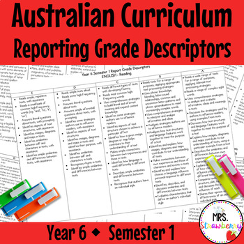 Preview of Year 6 ENGLISH AND MATHS Australian Curriculum Reporting Grade Descriptors Sem 1