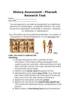 Preview of Year 7 History - Ancient Egyptian Pharaoh Assessment Task and Rubric