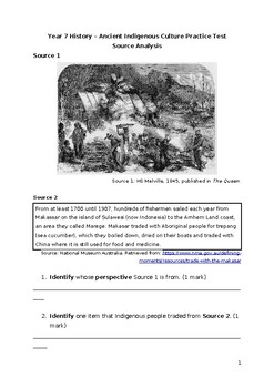 Preview of Year 7 History - Indigenous History Source Analysis Test