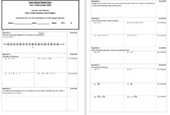 Preview of Year 7 Mathematics Test - Index Numbers and Integers