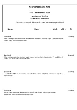 Year 7 Mathematics Test - Rates and Ratios by Cat Mason | TPT