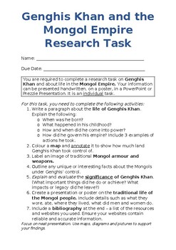 Preview of Year 8 History Genghis Khan and the Mongol Empire - Assessment Task and Rubric