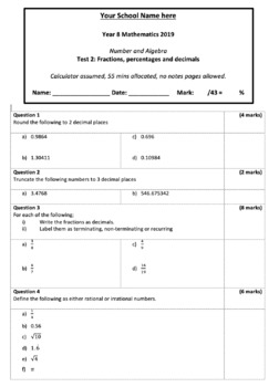 year 8 mathematics test fractions decimals and percentages by cat mason