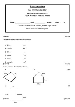 year 8 mathematics test perimeter area and volume by cat mason