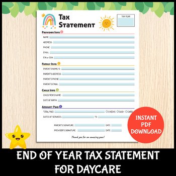 Preview of Year-End Tax Statement Receipt Form For daycare, child care, Preschool