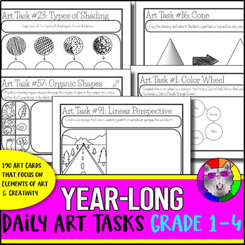 Preview of Year-Long Art Lesson Task Cards, 190 Drawing Prompts, Art Activities Gr 1-4