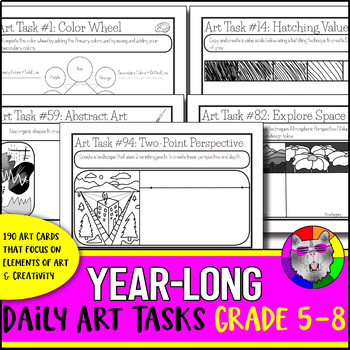 Preview of Year-Long Art Lessons Art Task Cards, 190 Drawing Prompts, Art Activities Gr 5-8