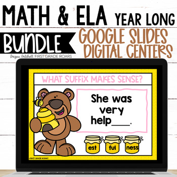 Preview of Year Long Digital Math, Phonics & Grammar ELA Centers on Google Slides BUNDLE