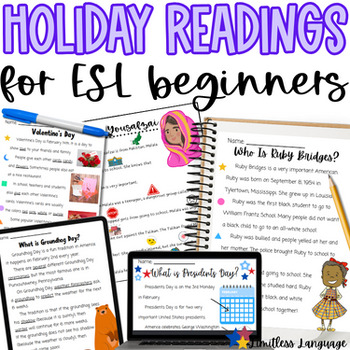 Preview of Year Long ESL Holiday Reading Comprehension for high beginner & intermediate MLs