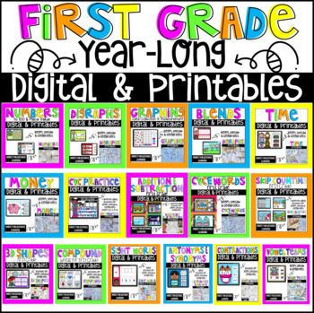 Preview of Year Long First Grade Math and Literacy Worksheets Digital and Printables Bundle