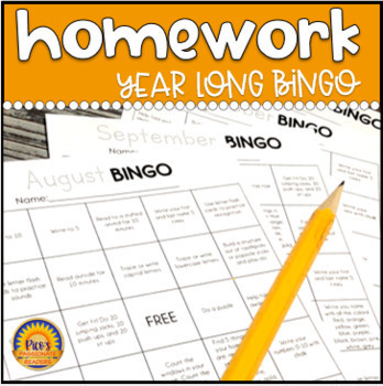 Preview of Kindergarten Homework Bingo: Yearlong Math, ELA, and Daily Living Skills Bundle
