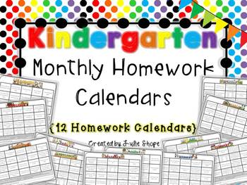 Preview of Kindergarten Monthly Homework Calendars {12 Calendars Full of Homework Fun}
