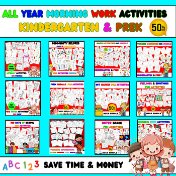 Preview of Year Long Preschool NO PREP Morning Work BUNDLE: 100+ Activities & Worksheets