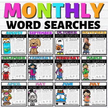 Preview of Year Long Word Searches - Beginning Back to School Word Find Activities