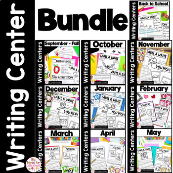 Preview of Year Long Writing Centers Bundle - Writing Prompts - Kindergarten and 1st Grade