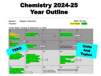 Preview of Year Outline 2024-25 Chemistry, TEKS, by six weeks