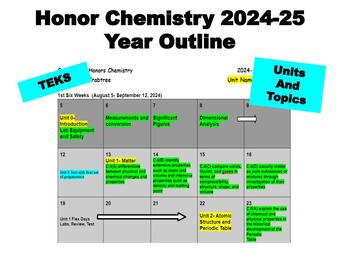 Preview of Year Outline 2024-25 Honors Chemistry, TEKS, by six weeks