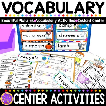 Preview of Year Round Monthly Vocabulary Words for Word Walls Write the Room Centers