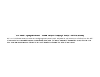 Preview of Year-Round Speech-Language Therapy Homework Calendar - Auditory Memory