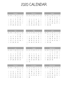 Preview of Year at a Glance - 2020 Calendar