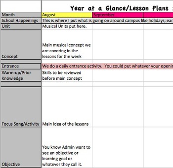 Preview of Year at a Glance Lesson Plan Template for Music Teachers