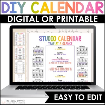 Preview of Year at a Glance Single Page Editable Calendar for Classroom and Piano Lessons