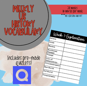 Preview of Year-long Vocabulary List I US History I includes flash cards