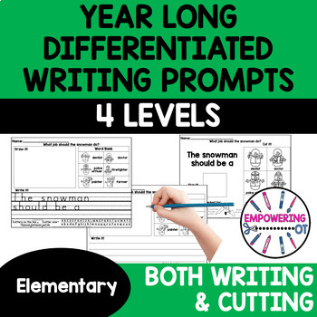 Preview of Year long bundle Writing prompts word bank Differentiated OT Special Ed cutting