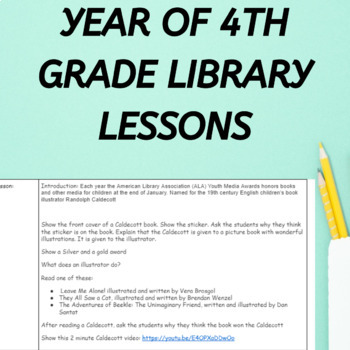 Preview of Year of Fourth Grade Library Curriculum Lesson Plans for Media Specialist