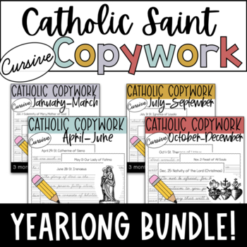 Preview of Yearlong Catholic Saint CURSIVE Copywork Bundle: Handwriting Practice