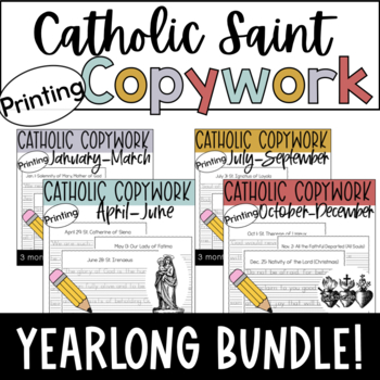 Preview of Yearlong Catholic Saint PRINTING Copywork Bundle: Handwriting Practice