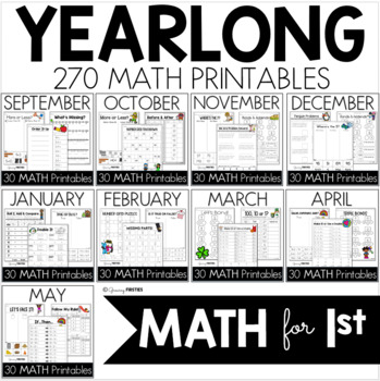 Preview of Yearlong Monthly MATH Printables Bundle for 1st Grade