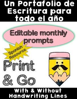 Preview of Yearlong Spanish Writing Portfolio Book with Editable Writing Prompts