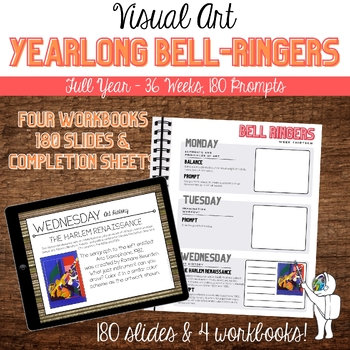 Preview of Yearlong Visual Art Bell-Ringers, Slides & Workbook, Art Bellwork, 36 weeks