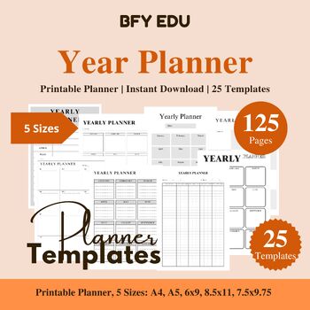 Preview of Yearly Planner Printable, Undated Planner, 5 Sizes, 25 Templates, 125 Pages