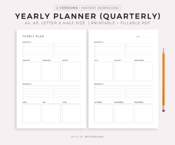 Yearly Planner, Quarterly Goals, Tasks & Reminders, Productivity Planner