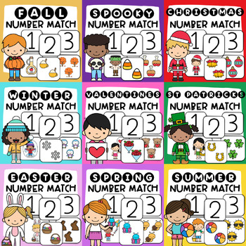 Preview of Yearly Themed Bundle of Number to Quantity Matching Number Cards 1-20