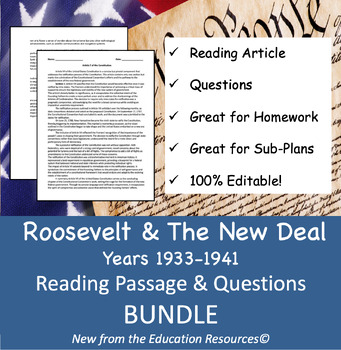 Preview of Years 1933-1941 Roosevelt Years/New Deal - Reading Comprehension BUNDLE